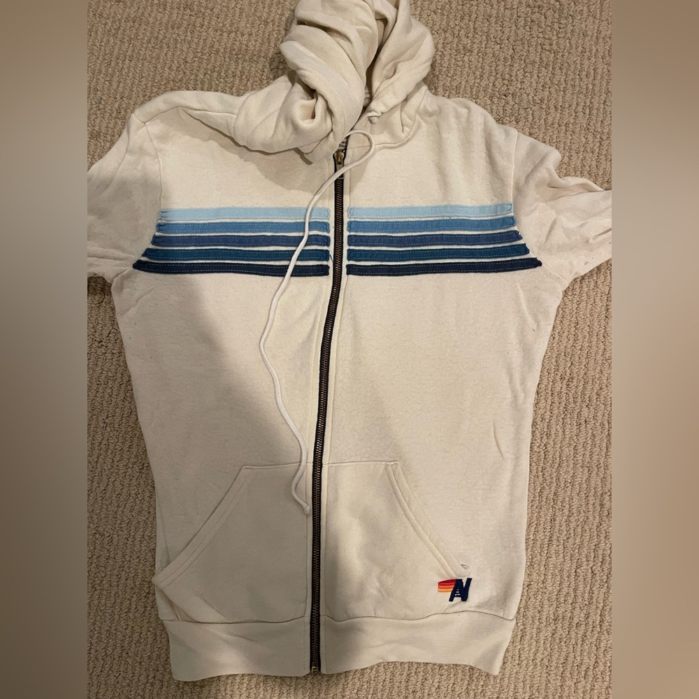 Aviator Nation Cream Hoodie with Blue Stripes